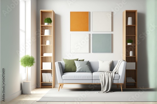 simple lines  neutral hues  and minimal furnishings in a photorealistic living room with 4 empty color canvases hanging on the wall.