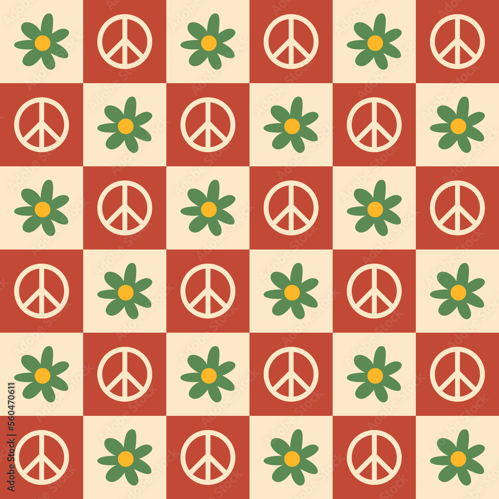 Checkerboard seamless pattern with flowers and peace symbols. Trendy vector background in retro style 60s, 70s. Checkerboard seamless pattern with flowers and peace symbols. Trendy vector background in retro style 60s, 70s.