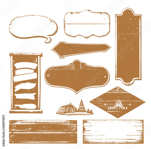 Set of old wooden sign boards sketch hand drawn in engraving style Vector illustration.