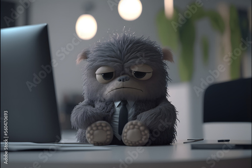 Cute furry monster employee is sitting bored on an office desk created with Generative AI