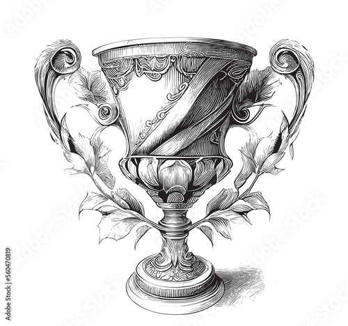 Winning cup prize sketch hand drawn engraving style Vector illustration.