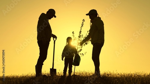 Silhouette of family with tree at sunset  Happy family team planting tree in sun spring time. Family with shovel and watering can plants young trees sprout in soil. Farmer dad  mom child planting tree