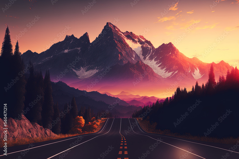 Sunset view of a mountain range and asphalt road. Generative AI