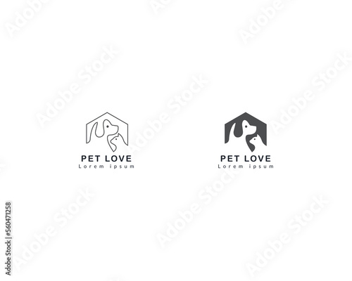 Dog and cat house home logo design template, pet love logo design suitable for pet shop, store, cafe, business, hotel, veterinary clinic, Domestic animal vector illustration logotype, sign, symbol.