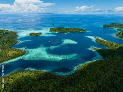 Extensive coral reefs fringe rainforest-covered islands in the Solomon Islands. This beautiful country is home to spectacular marine biodiversity and many historic WWII sites. © ead72