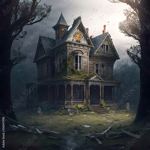 A large abandoned wooden house that is surrounded by dark trees. Created with Generative AI. © rosinka79