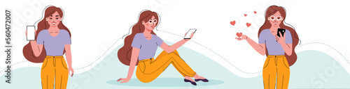 Girl with a phone in different poses. Flat illustration