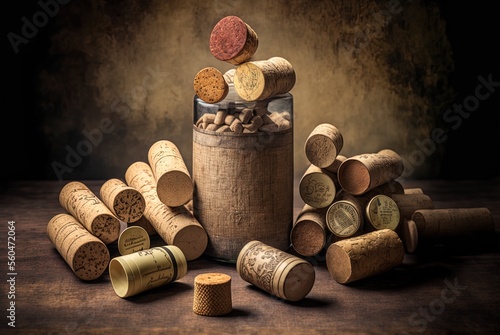 A scattering of wine corks on the table. Generative AI