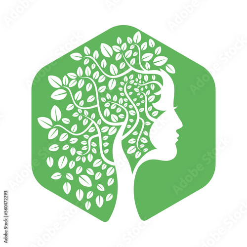 Woman Tree Vector Template Design. Woman Face Leaf Vector Design.	