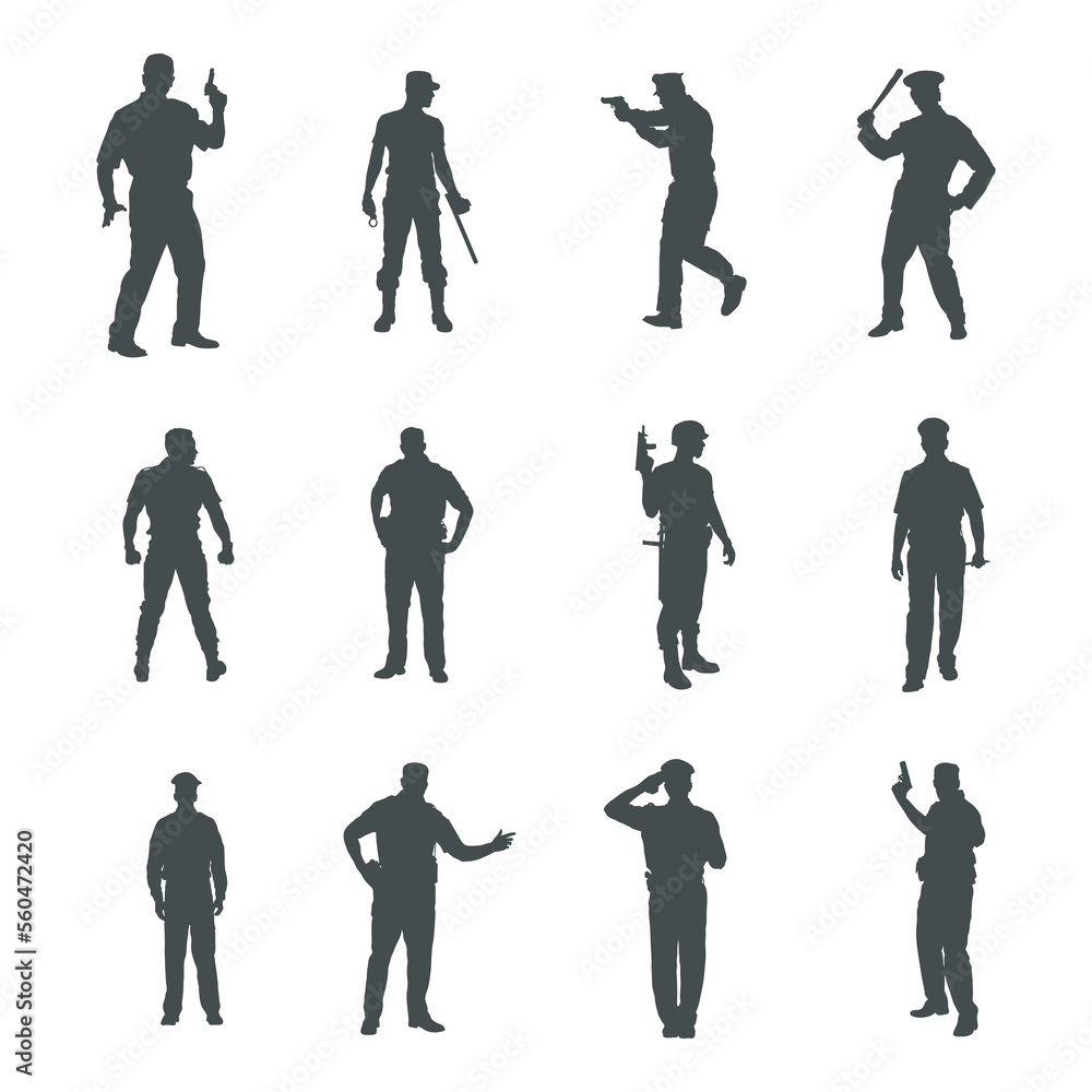 Obraz premium Police officer silhouettes, Set of policeman silhouette