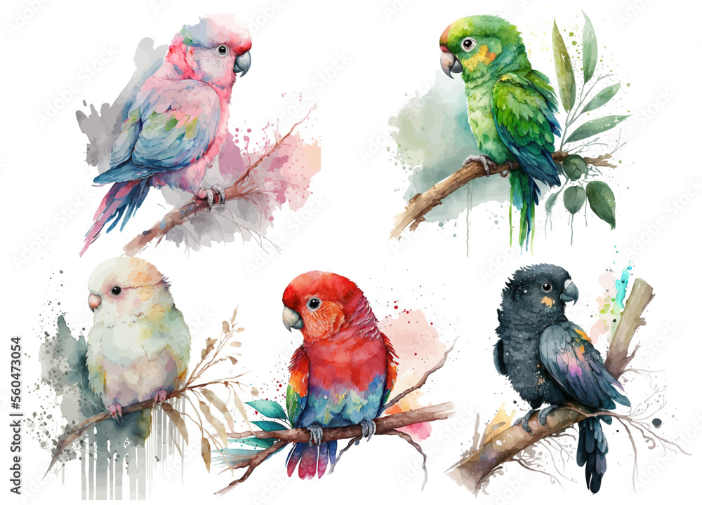 Fototapeta premium Safari Animal set parrots of different colors on a branch in watercolor style. Isolated vector illustration