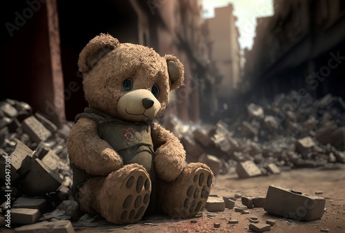Teddy Bear surrounded by ruins of destroyed buildings. AI generative illustration.