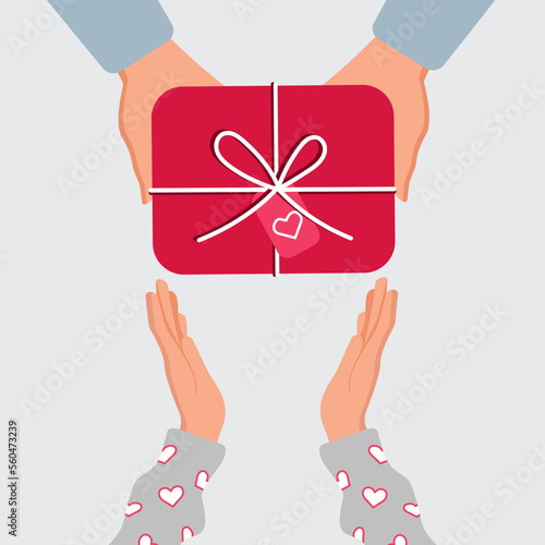 Top view of male and female hands holding a red gift box with a white ribbon and tag. A gift for a Valentine's Day, Birthday, Christmas, New Year. Vector illustration.
