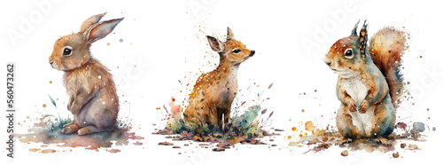 Safari Animal set small deer, hare and squirrel in watercolor style. Isolated vector illustration