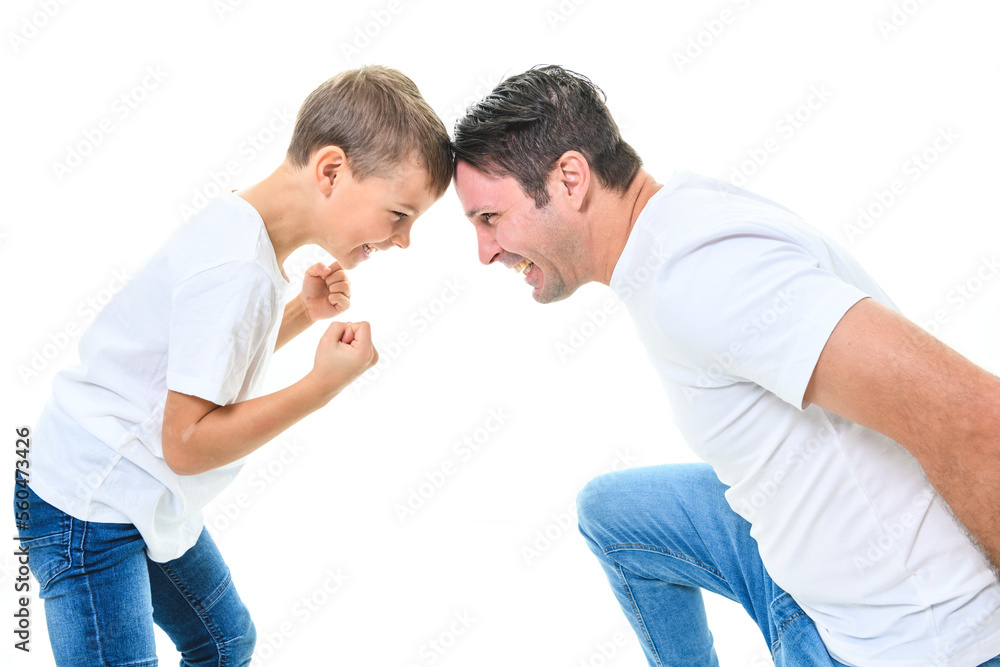 father with adorable little son isolated on white father with adorable little son isolated on white