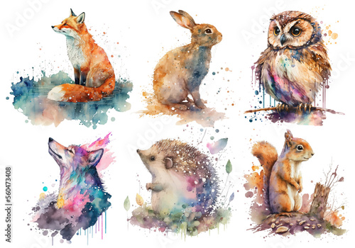 Safari Animal set hare, wolf, fox, hedgehog, owl, squirrel in watercolor style. Isolated vector illustration