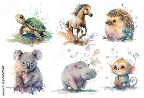 Photography Safari Animal set hedgehog, horse, turtle, koala, monkey, hippopotamus in watercolor style