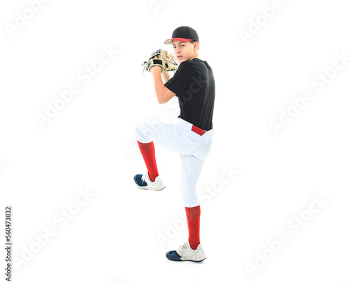 Photography teen baseball player Studio shot over white.