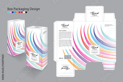 Box Packaging design Template for cosmetic, Supplement, spa, Beauty, Hair, Skin, lotion, medicine. Label design, packaging design creative idea. Boxes 3d, colorful line art concept, white box mock up