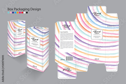 Box Packaging design Template for cosmetic, Supplement, spa, Beauty, Hair, Skin, lotion, medicine. Label design, packaging design creative idea. Boxes 3d, colorful line art concept, white box mock up