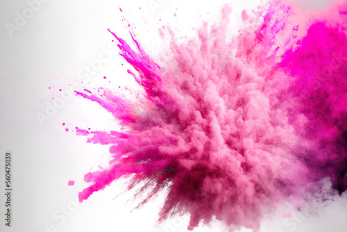 Abstract background with pink powder splatters, freeze motion of color powder exploding throwing, and color glitter texture on white. Generative AI photo