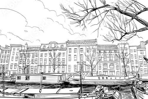 City drawing sketch. Holland. Netherlands. Hand drawn vector art illustration.