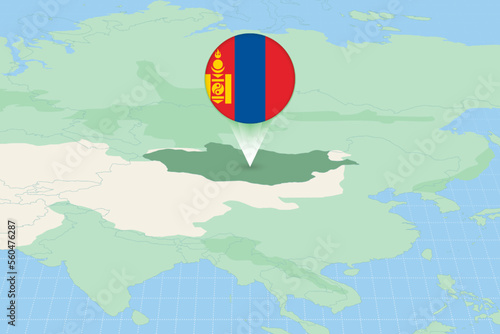 Map illustration of Mongolia with the flag. Cartographic illustration of Mongolia and neighboring countries.