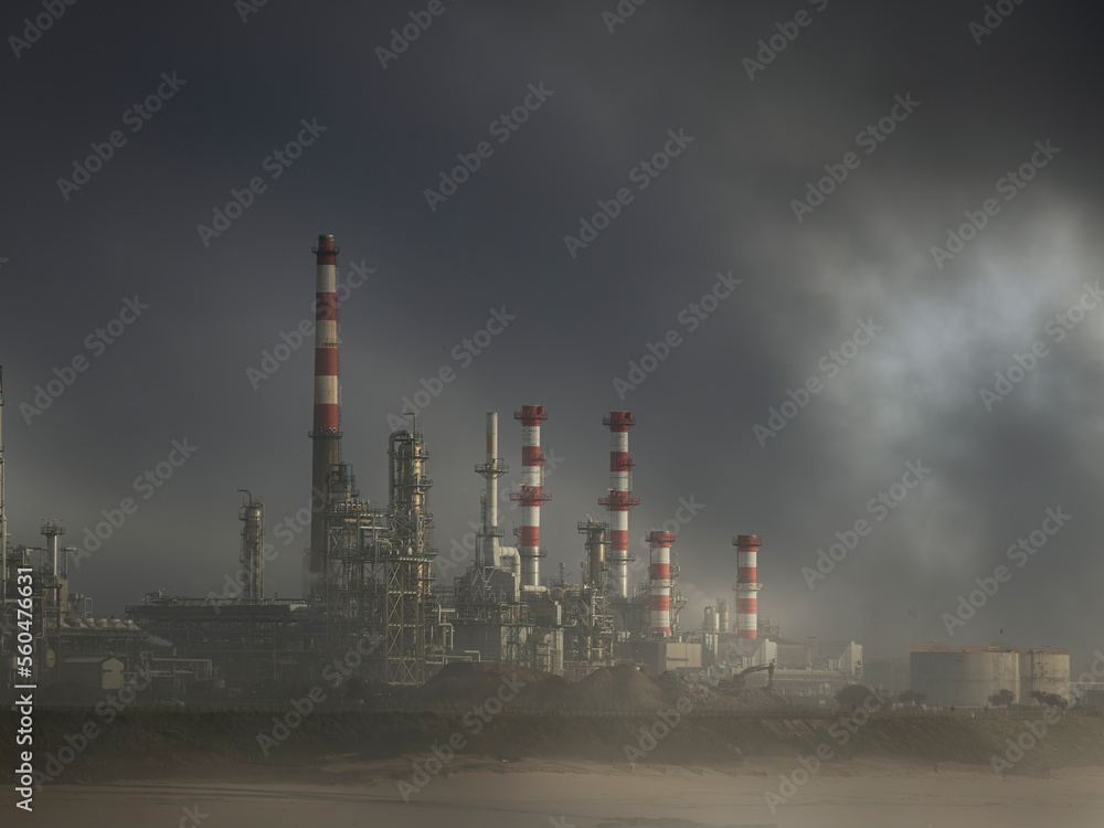 Oil refinery chimneys and towers