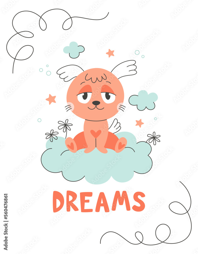A cute dog with a heart sits on a cloud. Dreams. St. Valentine's Day. Vector line art illustration of animal for greeting card, invitation, print A cute dog with a heart sits on a cloud. Dreams. St. Valentine's Day. Vector line art illustration of animal for greeting card, invitation, print