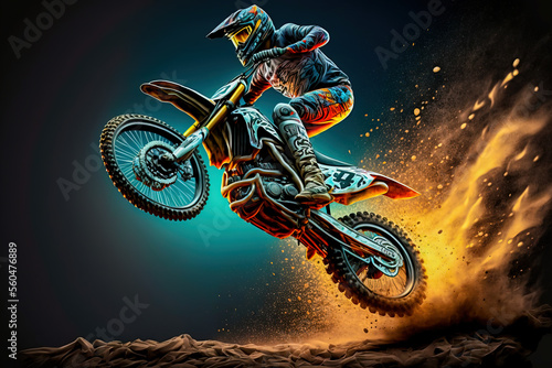 Dirt bike rider doing a big jump. Supercross, motocross, high speed. Sport concept. Digital art	
