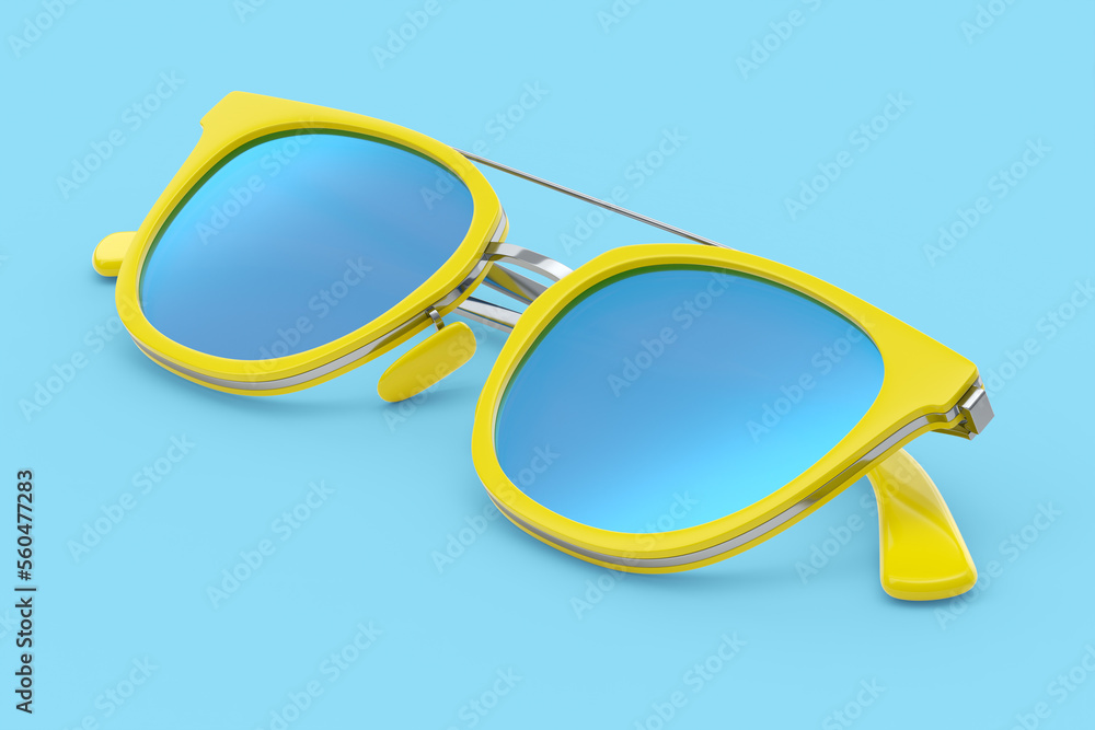 Realistic sunglasess with gradient lens and blue plastic frame on blue Realistic sunglasess with gradient lens and blue plastic frame on blue