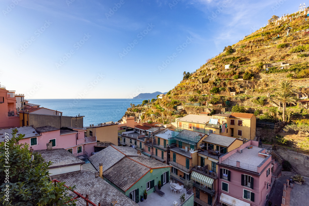 Small touristic town on the coast and farmland, Manarola, Italy. Cinque Terre. Sunny Fall Season day.