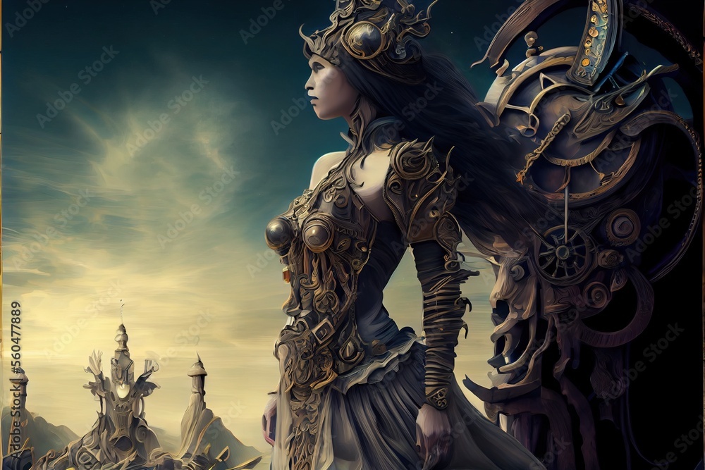 Portrait of an ancient female warrior in ancient warrior armor. The