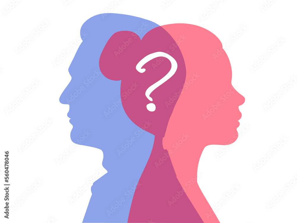 Male and female silhouettes and question mark. Illustration on transparent background