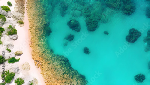砂浜と珊瑚礁の風景 ドローン 空撮