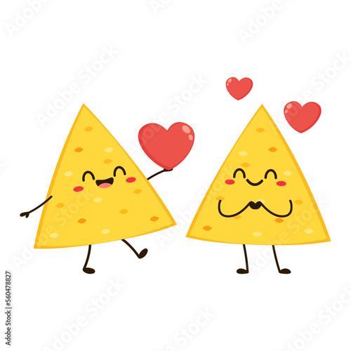 Nacho character design. Nachos on white background. Pink heart and Cute Nacho cartoon vector.