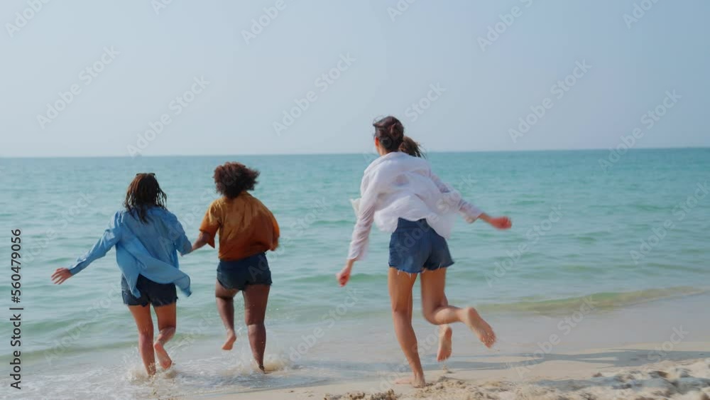 Group of multi ethnic young teenage women running to the beach, friends happy relax having fun playing on sea in the morning. Lifestyle friends travel holiday vacation summer concept. 4K Slow motion. Group of multi ethnic young teenage women running to the beach, friends happy relax having fun playing on sea in the morning. Lifestyle friends travel holiday vacation summer concept. 4K Slow motion.
