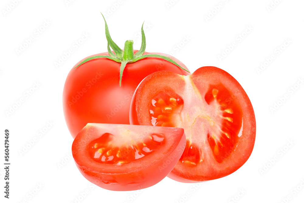 Whole fresh tomato. Two pieces of tomato, cut in half and quartered. Composition of tomatoes ready. isolated Whole fresh tomato. Two pieces of tomato, cut in half and quartered. Composition of tomatoes ready. isolated