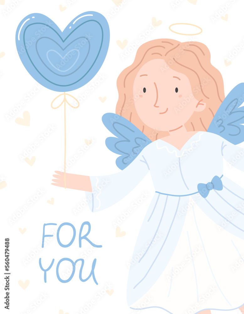 Design concept of a Valentine's day greeting card with a cute angel girl with a balloon heart and the inscription for you. Vector blue vertical illustration. Design concept of a Valentine's day greeting card with a cute angel girl with a balloon heart and the inscription for you. Vector blue vertical illustration.