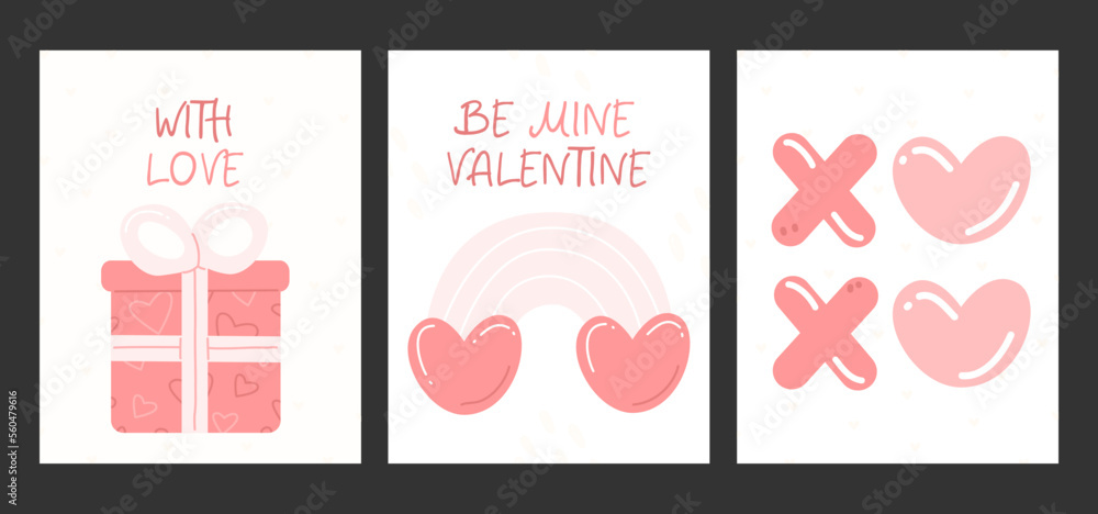 A set of three vertical cute Valentine's Day cards. Design concept of pink greeting cards with a gift, rainbow and xoxo. Vector love illustration. A set of three vertical cute Valentine's Day cards. Design concept of pink greeting cards with a gift, rainbow and xoxo. Vector love illustration.