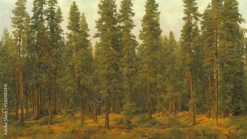 Painting  spruce forest  painted with oil paints. 