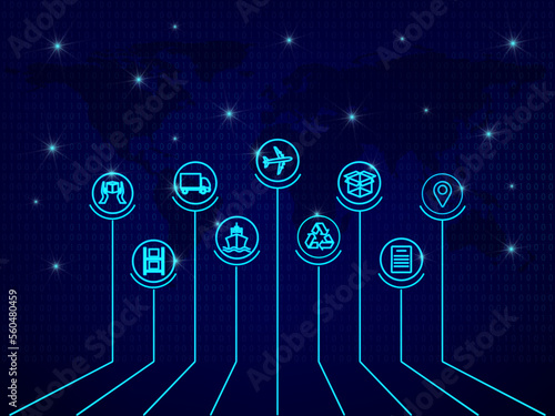 Global logistics network in blue. Map global logistics partnership connection.  Globe  with logistics icons in neon style. Perspective grid.  EPS10.
