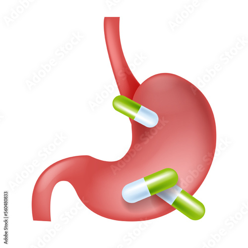 3D stomach, vector esophagus icon kit, medical pill, human anatomy internal organ. Biology sick abdomen, acid digestive ache protection, gastric digestive system remedy. 3D stomach pain treatment