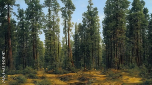 Painting  spruce forest  painted with oil paints. 