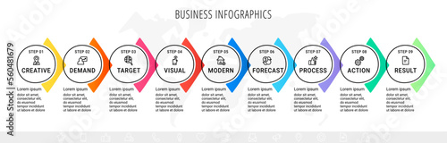 Vector business infographics template. Timeline with 9 circle, icon, arrow, steps, nine number options. Can be used for workflow layout, diagram, chart, banner, web design. Modern illustration