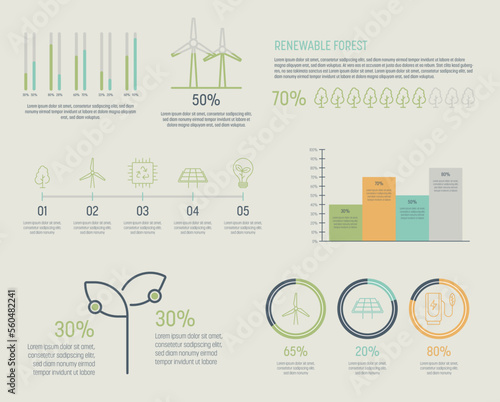 Sustainability Infographics with statistics and green elements. Thin line vector illustration. Data graphs for climate flow charts, presentations and UI