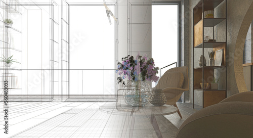 Luxurious and modern open space with circular holes in the walls, apartment inside a skyscraper in Dubai, project design wireframe, 3d rendering, 3d illustration