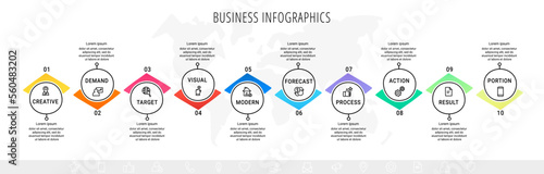 Vector business infographics template. Timeline with ten circle, icon, arrow, steps, 10 number options. Can be used for workflow layout, diagram, chart, banner, web design. Modern illustration