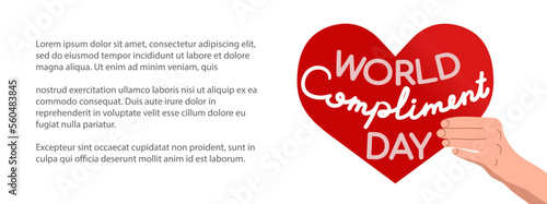 Word Compliment day vector background with red heart. Heart with inscription in hand. Poster template with copy space for text. 
