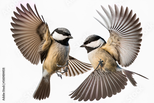 a couple of little birds chickadees flying toward spread its wings and feathers on white isolated background. Generative AI © 2rogan